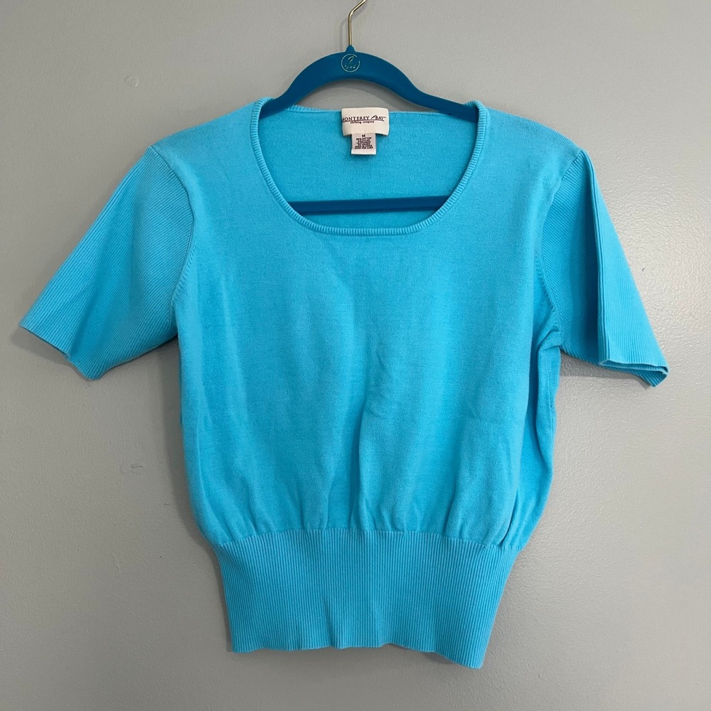 Monterey Bay Short Sleeve Sweater Turquoise Knit Banded Hem‎ M Sweater girl twee